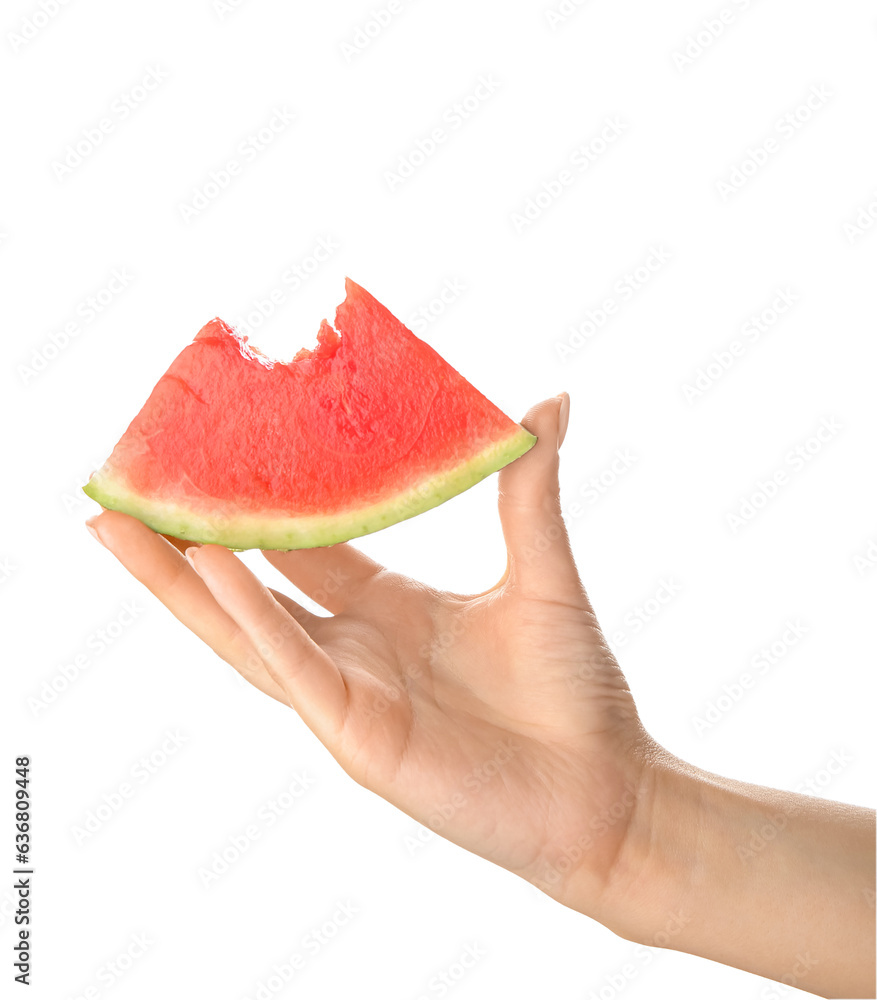Female hand with bitten piece of ripe watermelon on white background
