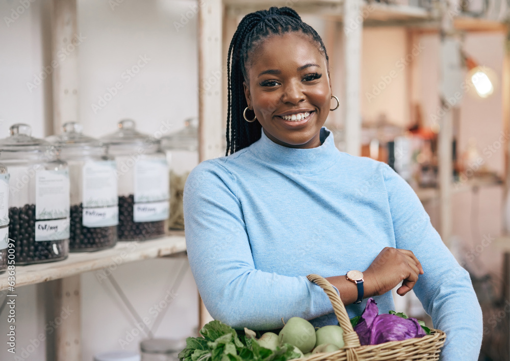 Black woman, face and shopping basket with vegetables, healthy food and diet produce in local grocer