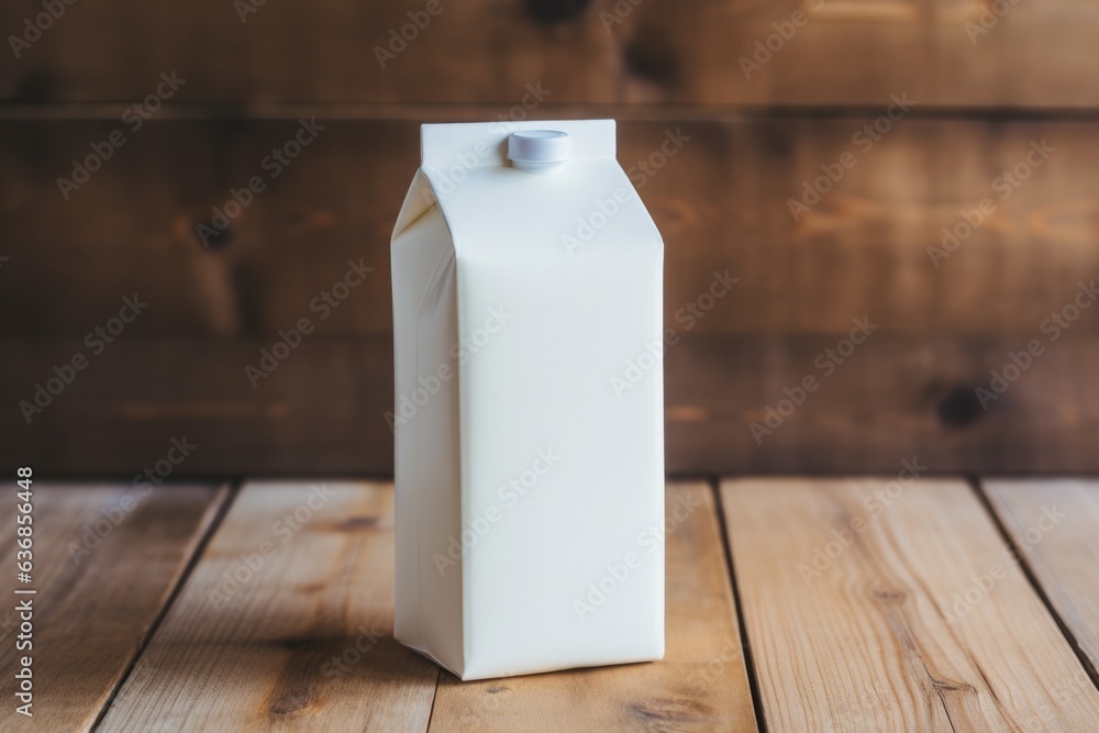 White plain milk carton packaging on rustic wooden background.