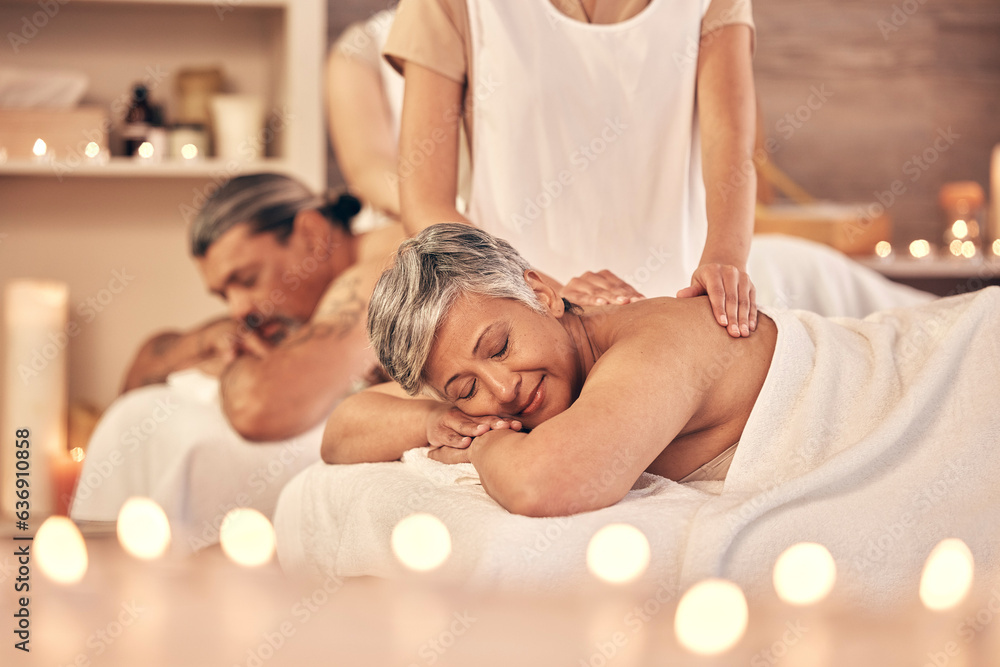 Luxury, massage and zen with old couple in spa for vacation, relax and beauty salon. Peace, wellness