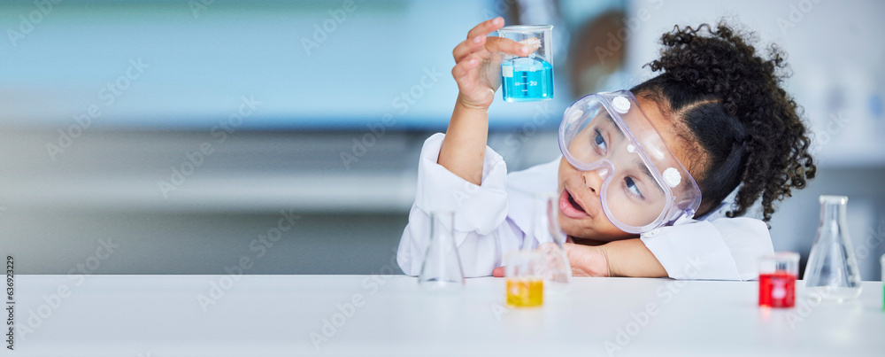 Chemistry, science and a child with liquid for research, futuristic innovation or project for educat