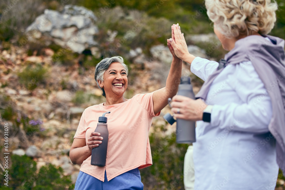 Senior women, fitness or people high five for goal or success together for outdoor exercise in retir