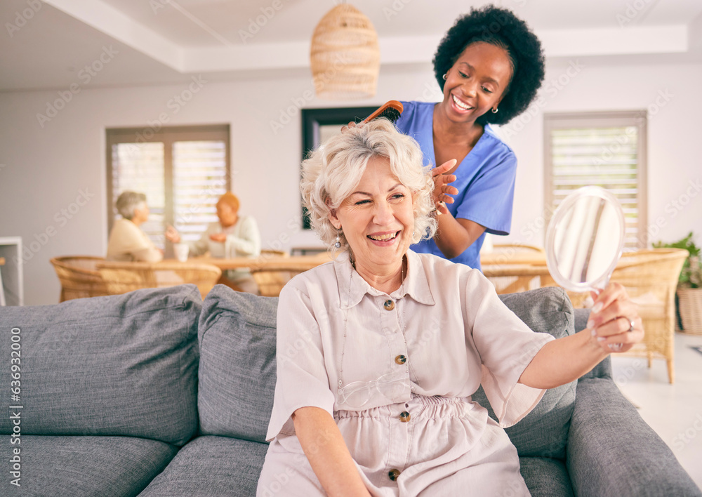 Nurse brush hair of happy mature woman in the living room of the modern retirement home for self car