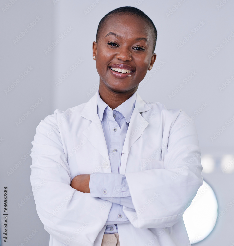 Black woman, portrait and scientist with arms crossed in lab, office and confidence for research, st