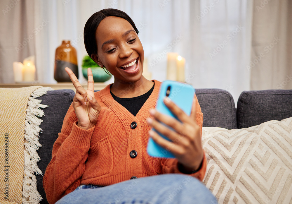 Selfie, black woman and peace sign at home with a smile for social media, motivation and video call.