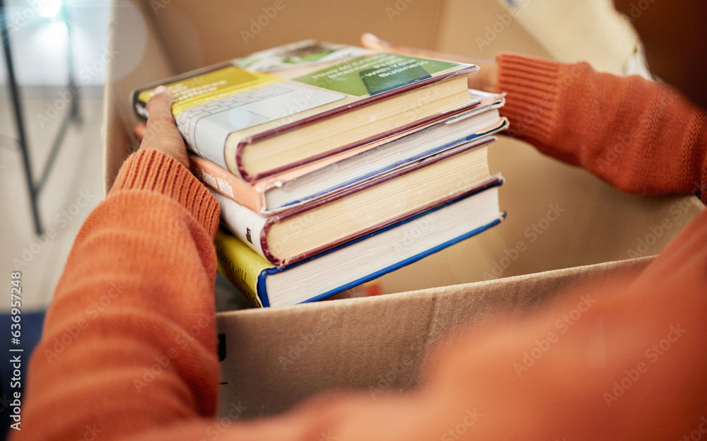 Donation, charity and woman hands with books in box for nonprofit and cardboard container at home. E