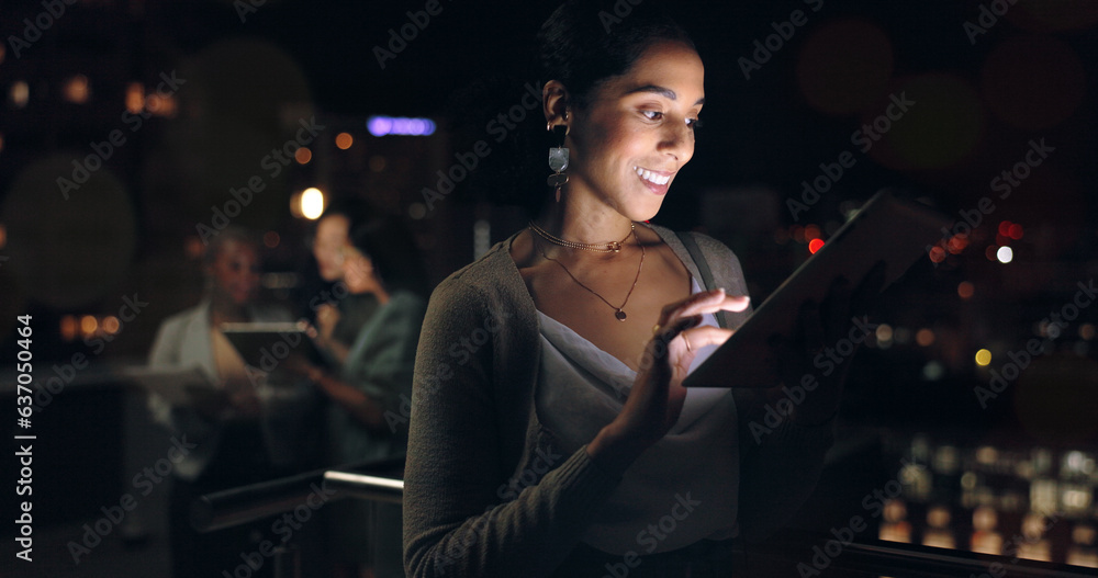 Woman, digital tablet and rooftop at night in city for social media, research and networking on urba