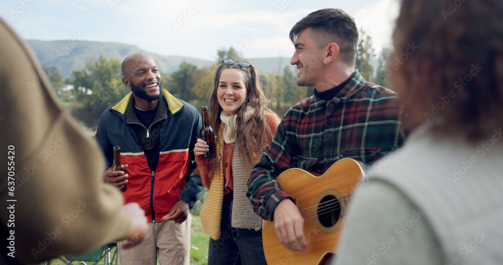 Singing, camping or happy friends with guitar dancing together in nature, woods or park on vacation.
