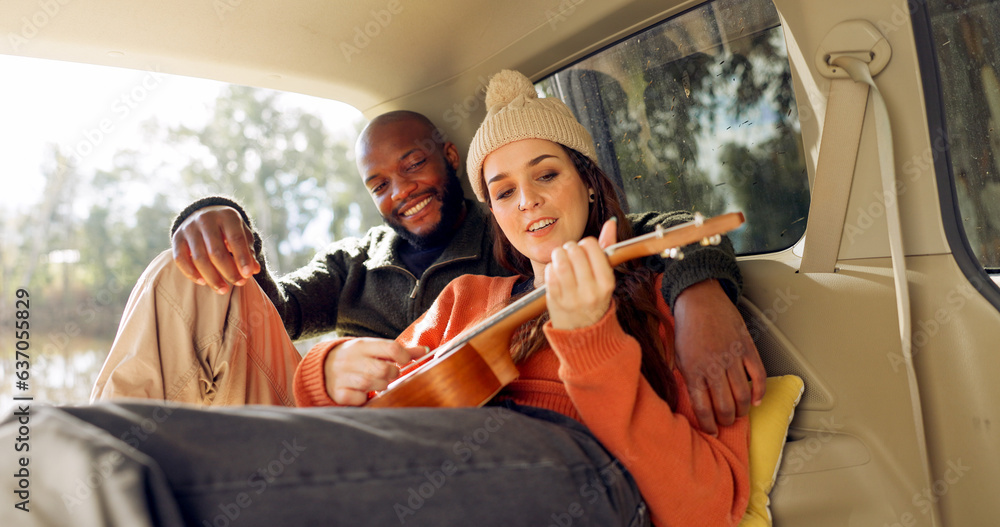 Singing with Guitar, winter and a couple in a car for a road trip, date or watching the view togethe
