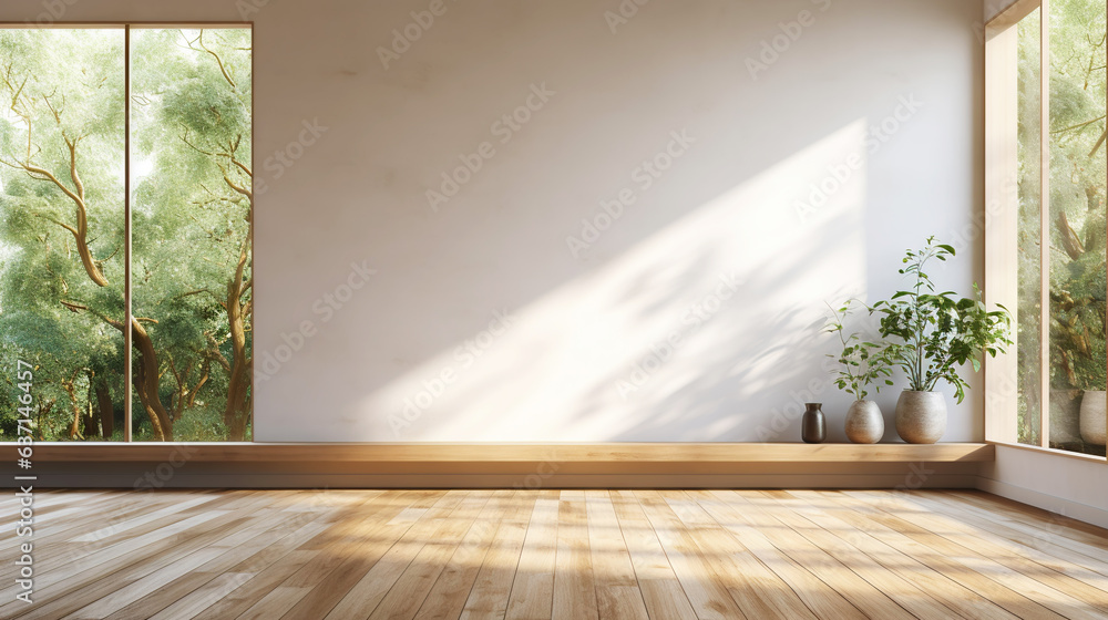 Empty room of modern contemporary loft with wooden floor and large windows to garden. Copy space. Ge