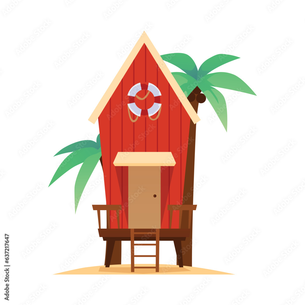 Bungalow with lifebuoy and palm trees, vector cartoon vintage villa for vacation and resort on exoti