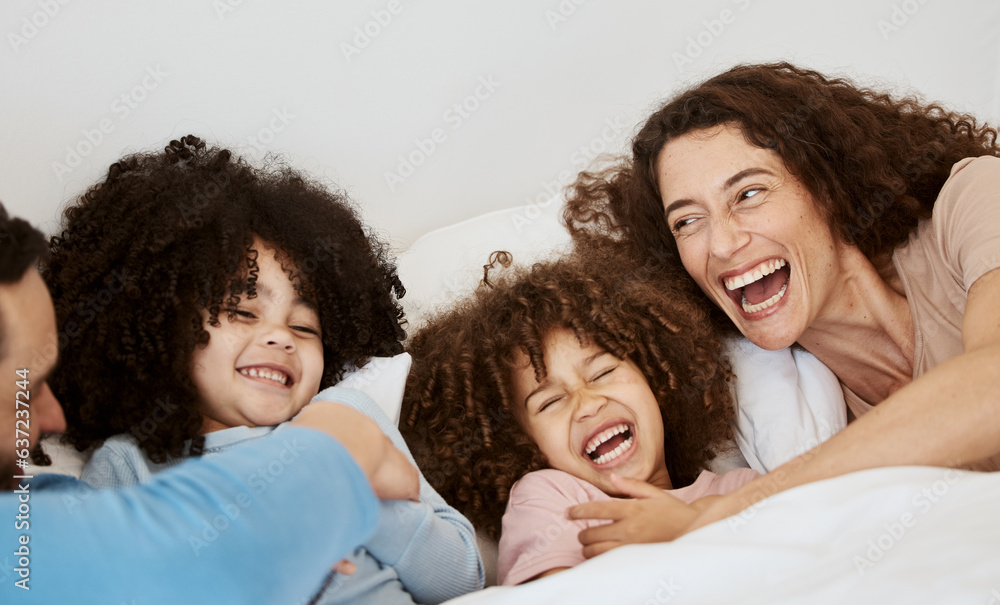 Bedroom, laughing and face of parents, children or happy family relax, bond and enjoy funny morning 