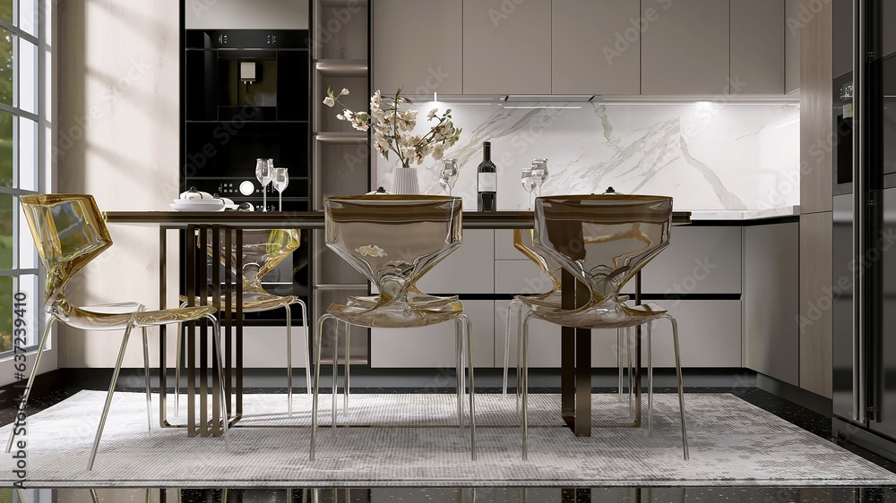 Elegant, luxury dining room, gold steel table, bouquet, white tableware, acrylic chairs on mat in su