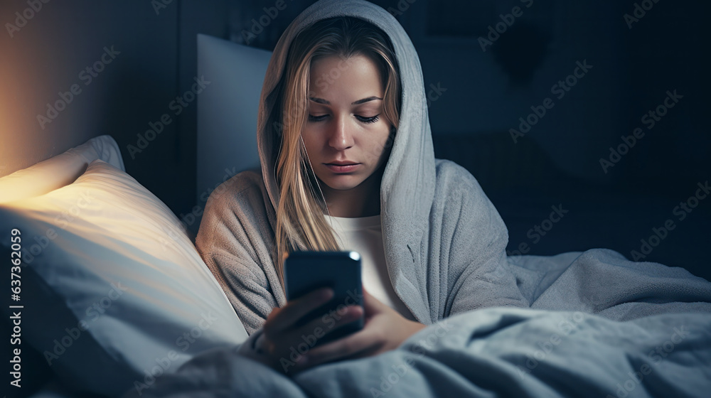 woman is addicted to a phone Sleepy exhausted lying in bed using a smartphone, Insomnia, and addicte