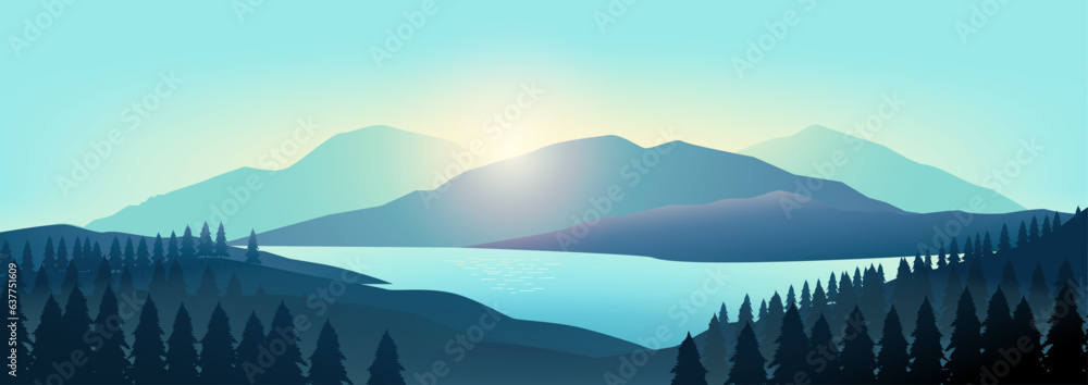Serene lake nestled among mountains. The captivating scene exudes tranquility, sense of peace and th