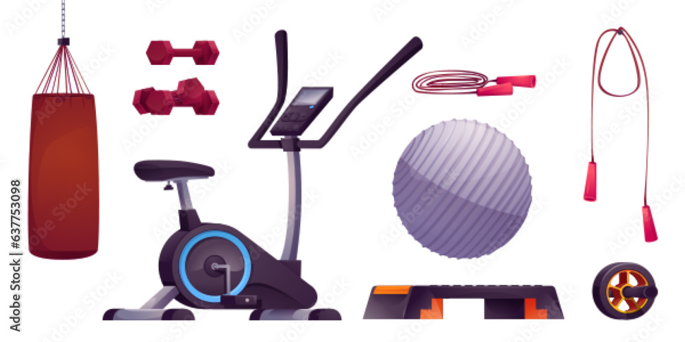 Vector sport gym exercise equipment cartoon set. Fitness furniture for home with weight, elliptical 