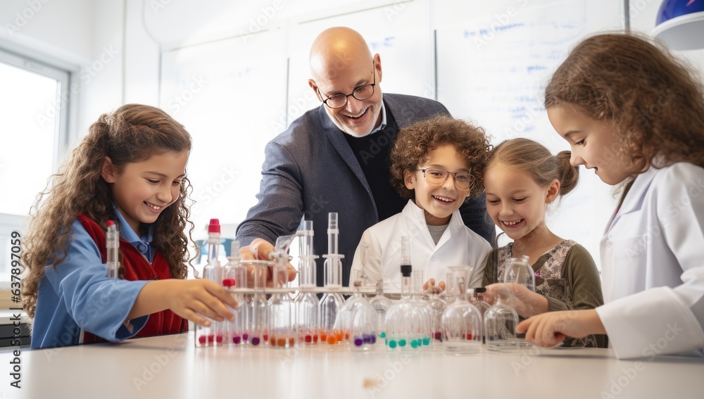 Group of children and teacher in chemistry class with teacher in school laboratory