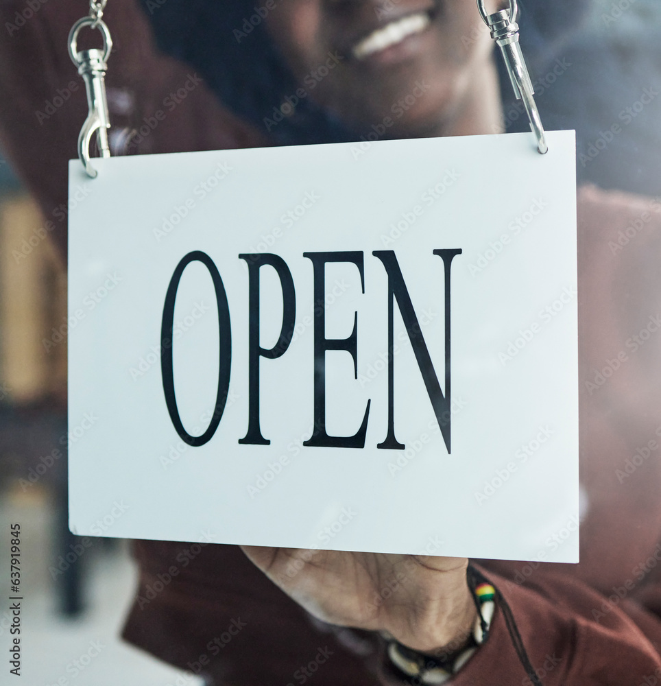 Store, window or open sign by happy person for small business, startup or restaurant poster advertis