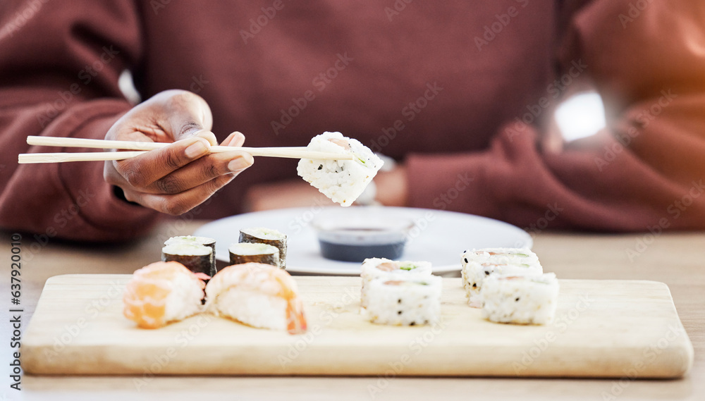 Sushi, seafood and brunch with hands of person in store for restaurant, Japanese cuisine and menu. F