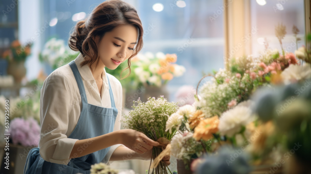 Female florist in her store picking flowers, asian woman working in a romantic soft focus and ethere