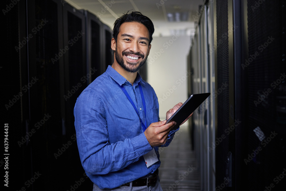 Tablet, man and portrait in server room of engineer programming at night. Information technology, fa