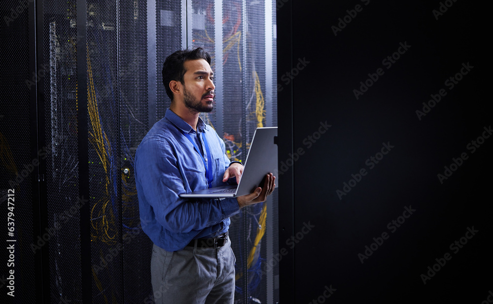 Man, thinking and laptop for server room inspection, data center solution and coding, engineering an