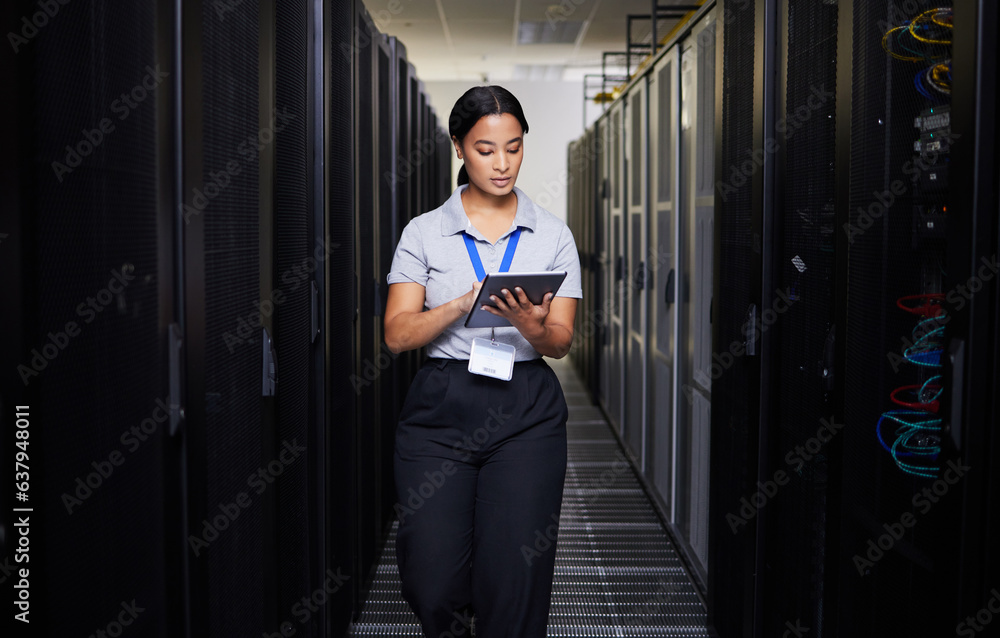 Woman, tablet and engineer in server room on research for programming at night. Information technolo