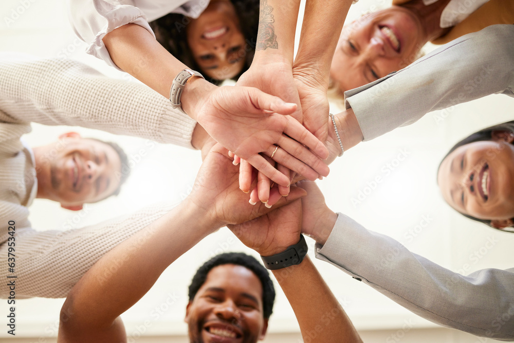 Office, team building and hands together from below in huddle for teamwork, collaboration and motiva