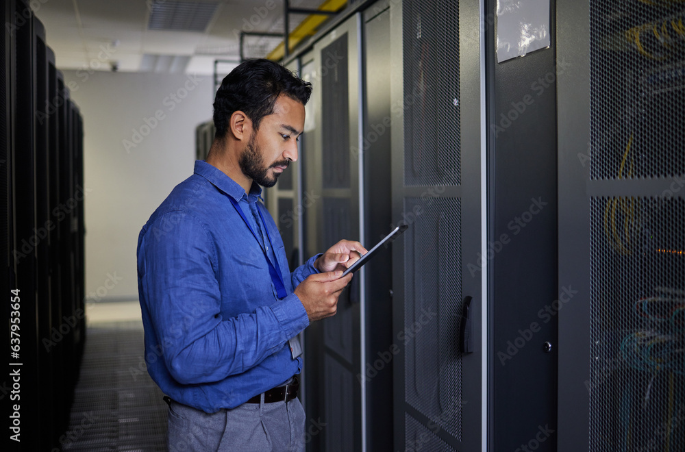 Man, tablet and technician in data center, research and programming. Information technology, reading