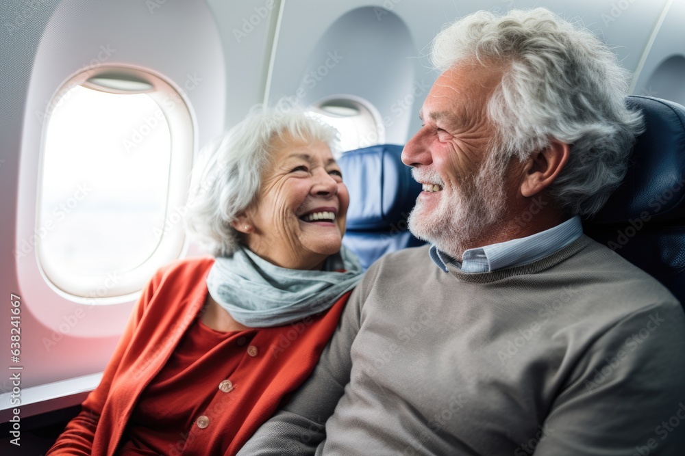 Exicted senior couple flying in an commercial airplane going on a vacation