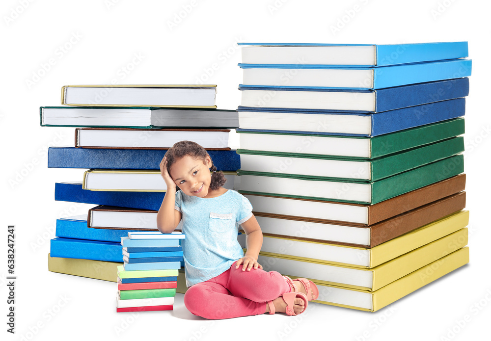 Adorable little African-American schoolgirl with books on white background