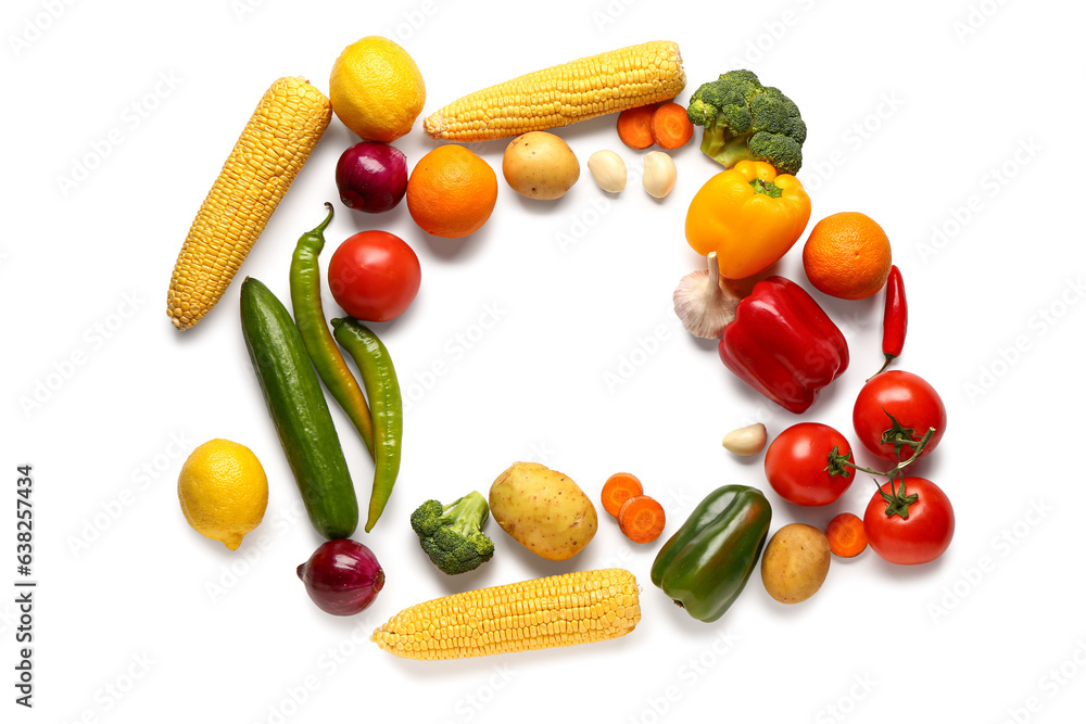 Frame made of fresh vegetables and fruits on white background