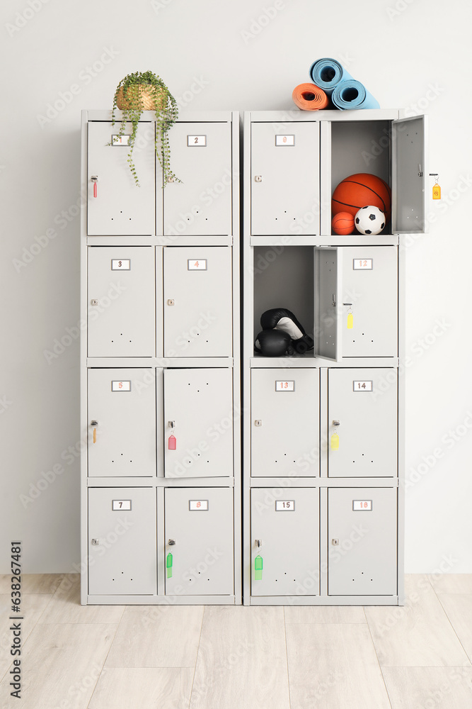 Modern locker with sports equipment and plant near light wall
