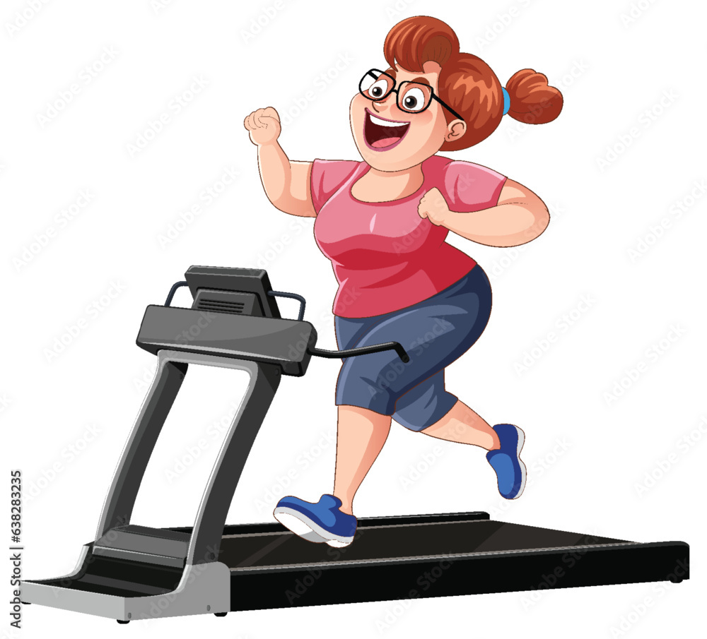 Overweight Middle-Age Woman Running on Treadmill