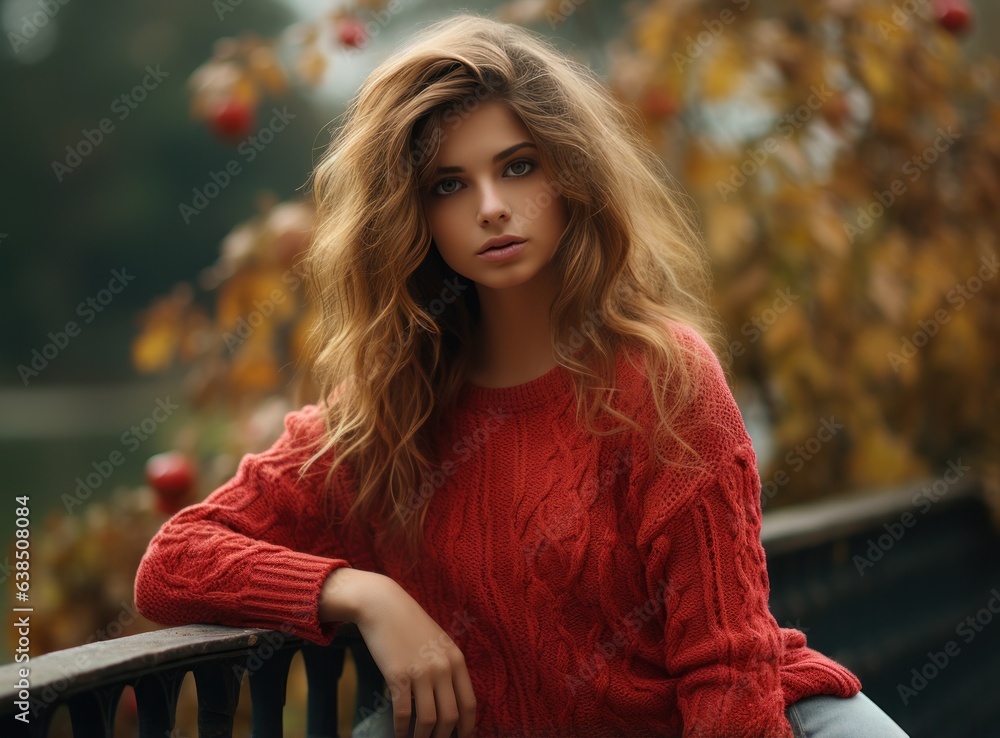Beautiful woman is sitting on a bench in park in autumn season