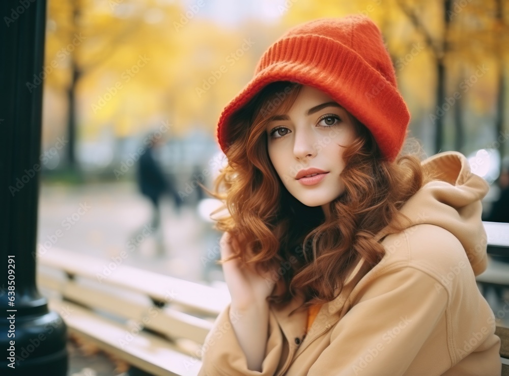 Beautiful woman is sitting on a bench in park in autumn season