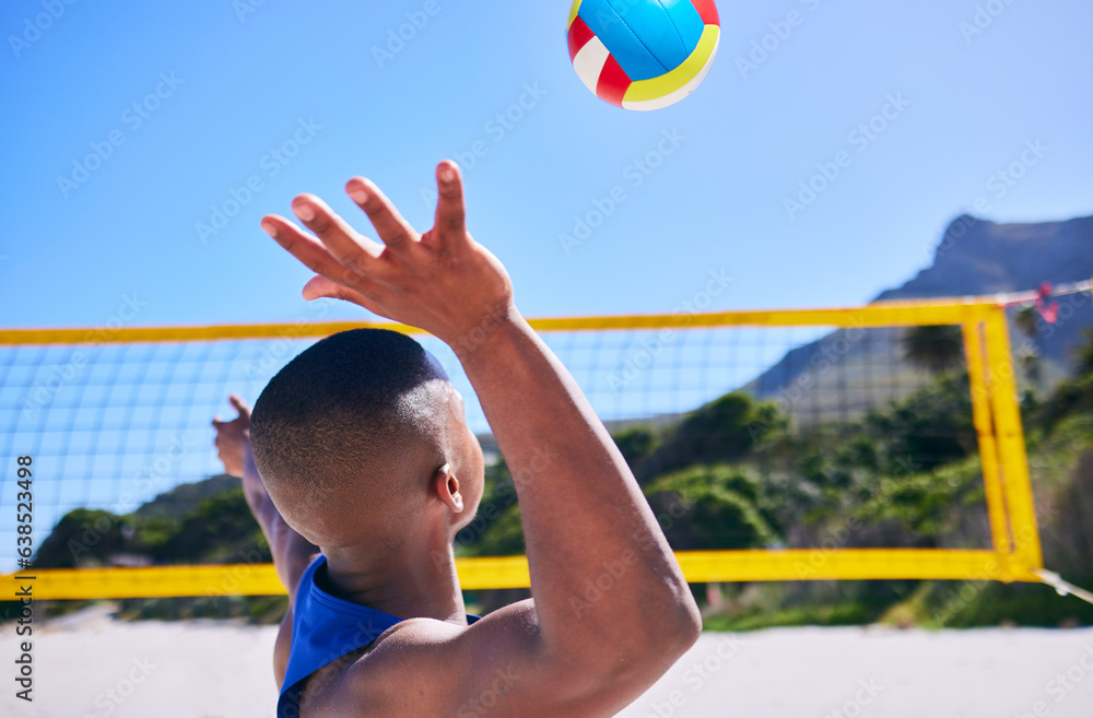 Summer beach, sports and person serve volley ball, play competition and player training, workout or 