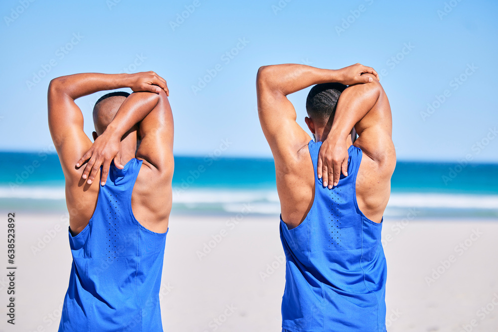 Man, friends and stretching back in fitness on beach for workout, exercise or outdoor training in sp