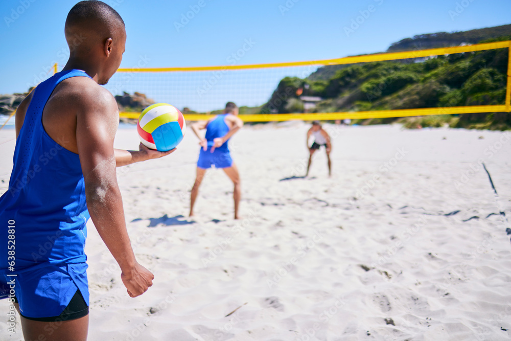 Beach, volleyball or sports team serve ball, playing competition and exercise for group tournament, 