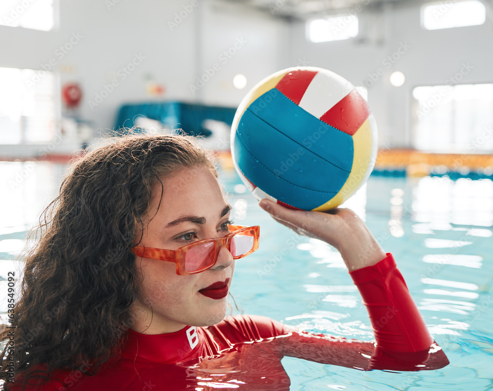Swimming, water polo and woman with ball, exercise and workout in summer. Sport, sunglasses and pers