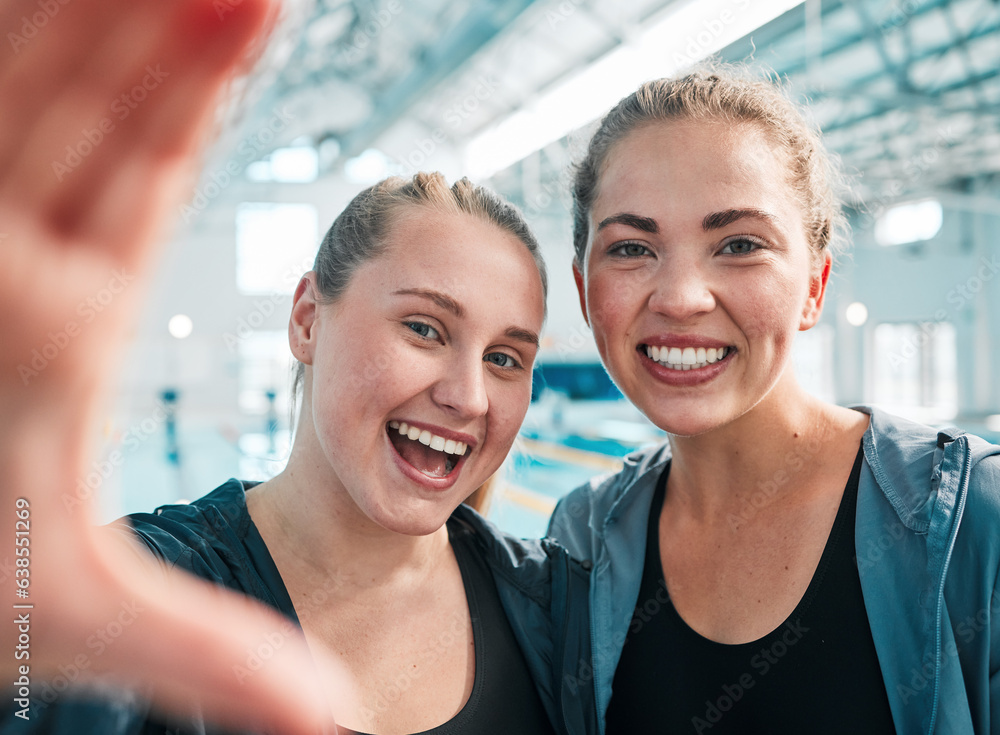 Selfie, swimming pool and portrait of women athletes after exercise, workout or training. Happy, smi