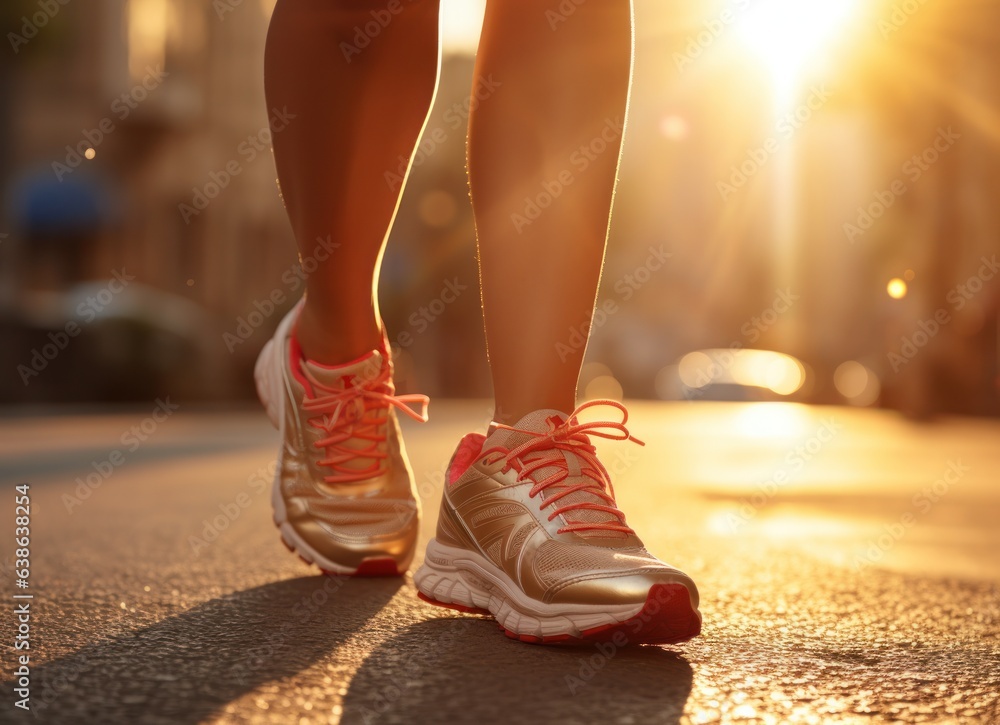 Woman walking on pavement with running shoes