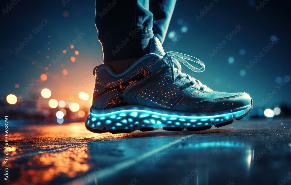 A person in running shoes on the background of an electronic signal
