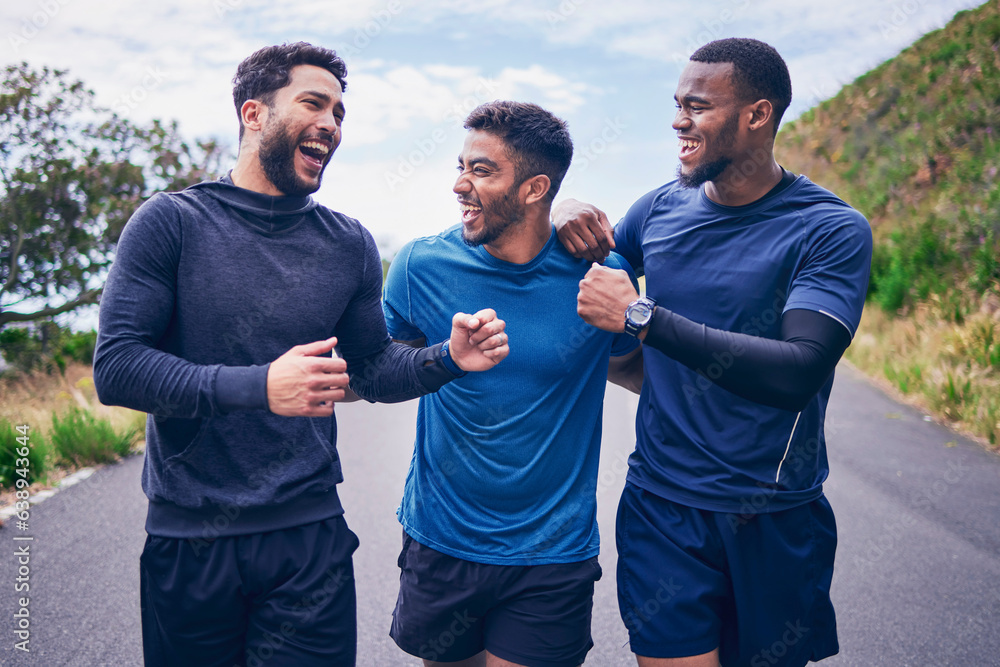 Happy, men laughing and friends with smile for fitness, workout and running outdoor with a handshake