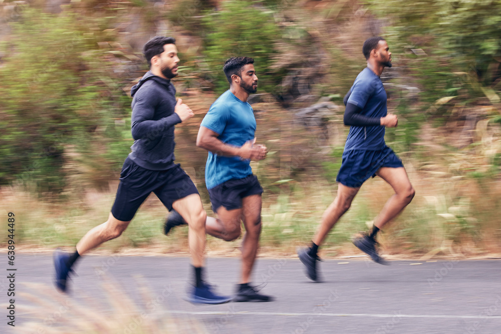 Men, fitness and running friends in a road for training, speed and energy, health and cardio routine
