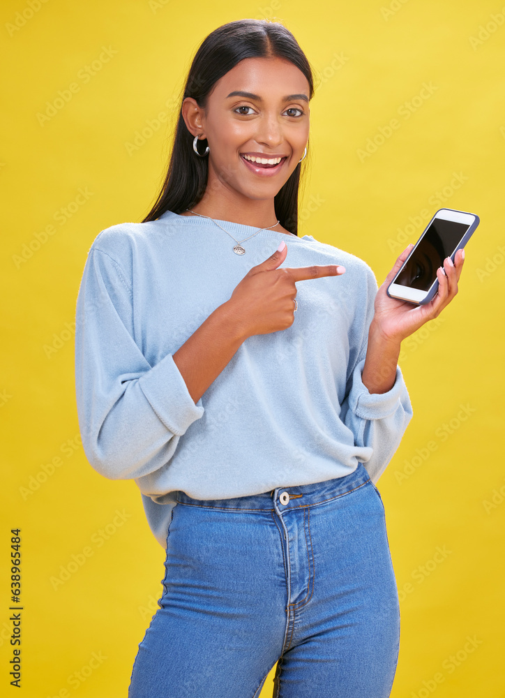 Woman, portrait and phone screen in presentation, advertising space and e learning news or opportuni