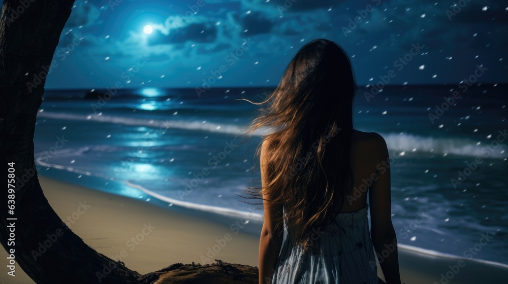 The girl sits near the sea in the night