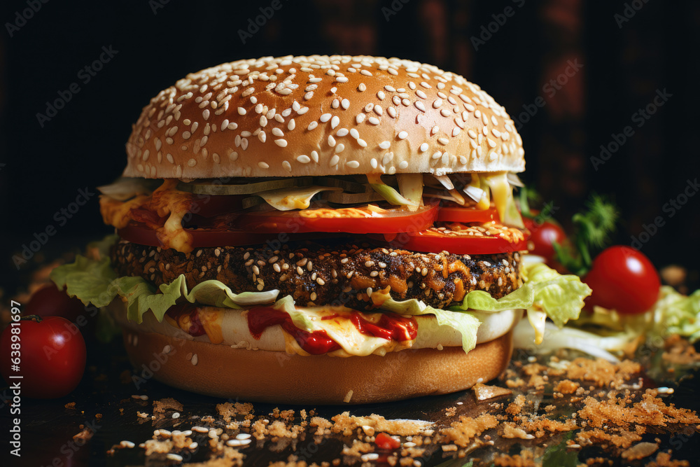 Fresh beef burger on dark background