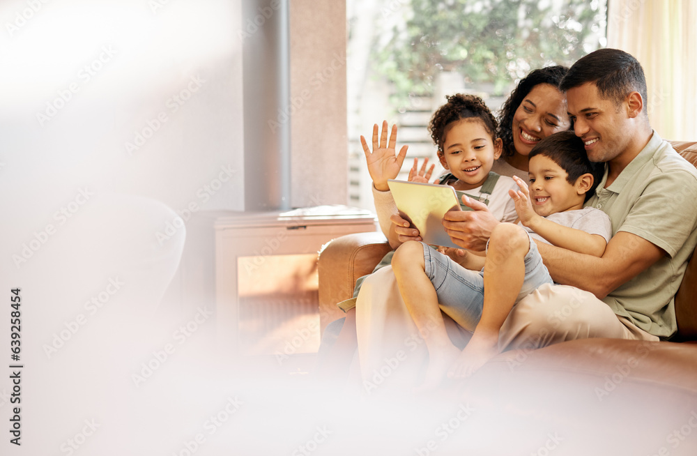 Tablet, video call and family with wave, love and smile on a living room sofa at home. Mother, dad a