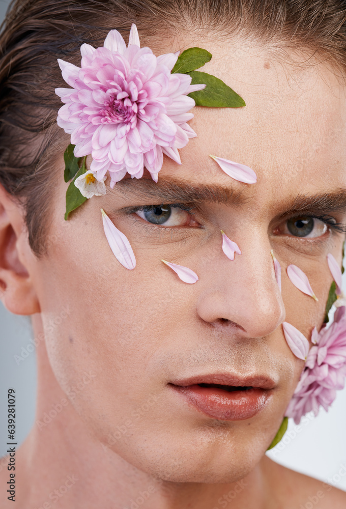 Petals, skincare and flowers with portrait of man in studio for beauty, natural and creative. Glow, 